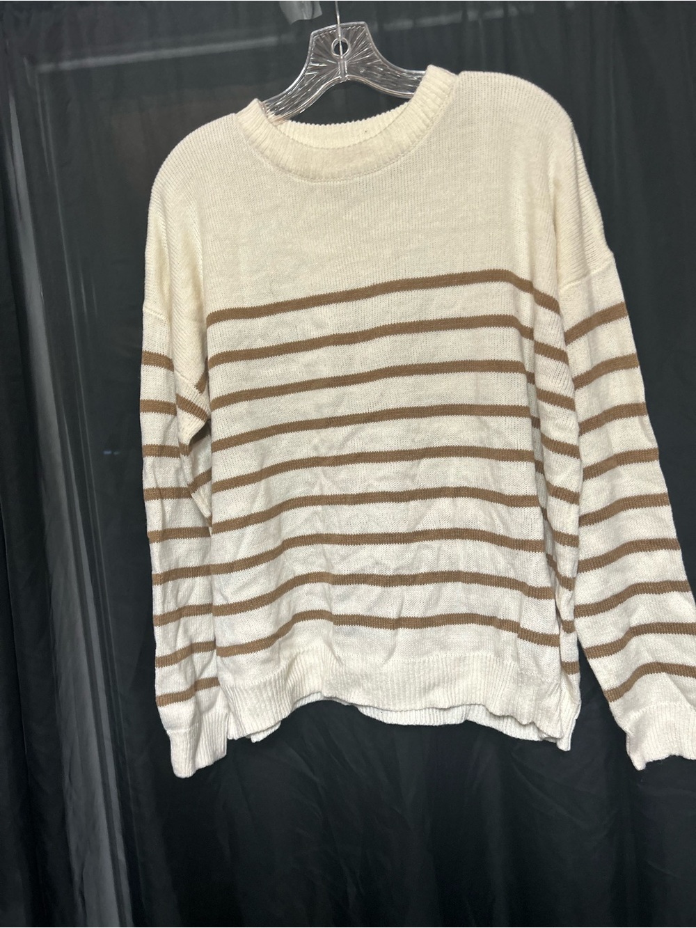 Women's Cream Crewneck Sweater with Tan Stripes